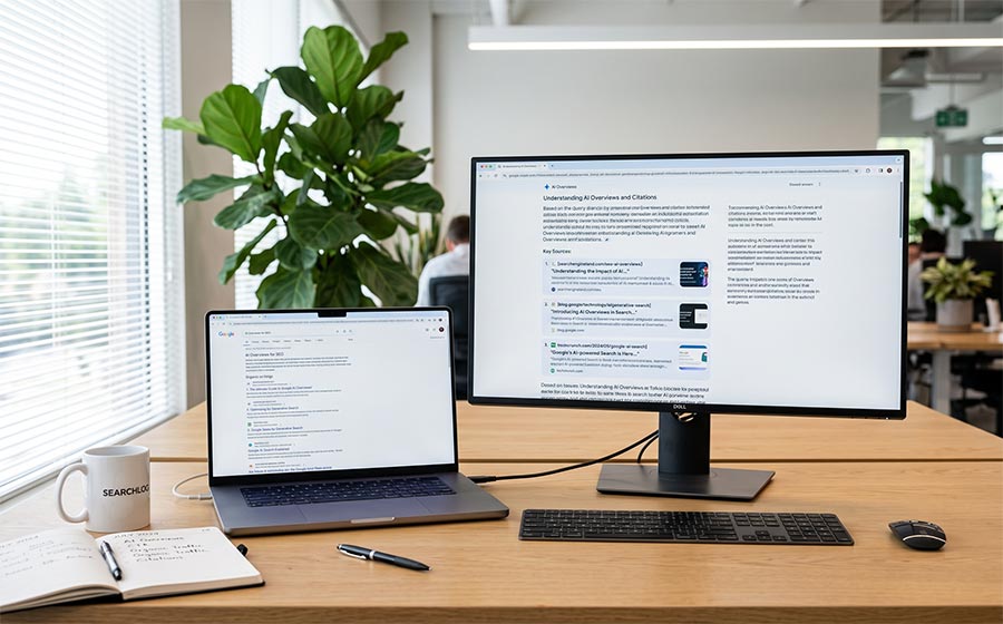 WordPress 站長在螢幕上比對傳統搜尋引擎自然排名曝光與 AI 搜尋引用來源數據